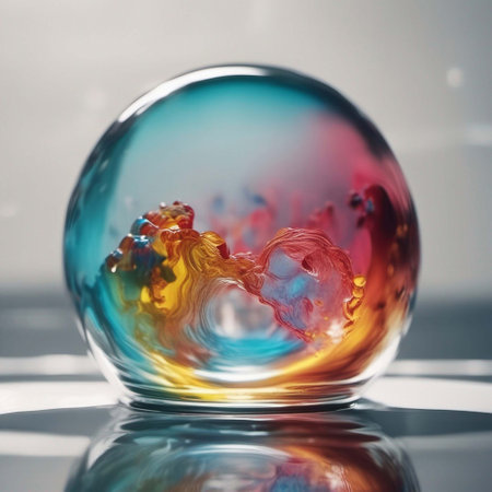 crystal ball with colorful bubbles on the glass table, close upの素材