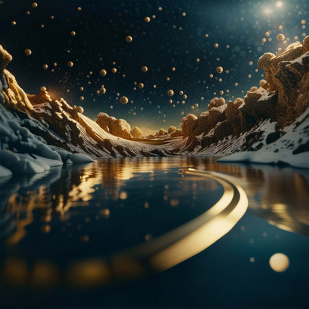 Fantasy landscape with river and mountains at night. 3D renderingの素材