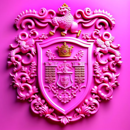 Heraldic shield on a pink background. 3d illustration.の素材