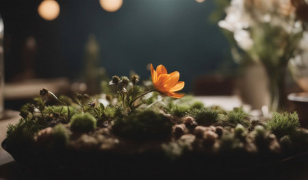 Flower pot on the table in the restaurant. Selective focus.の素材
