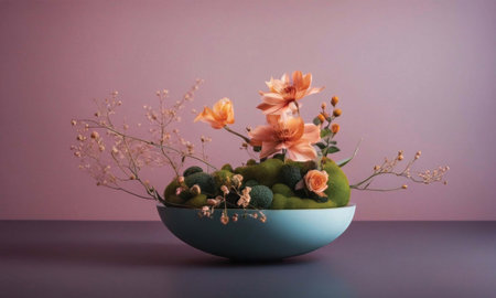 Artificial flowers in a vase on a blue table with pink backgroundの素材