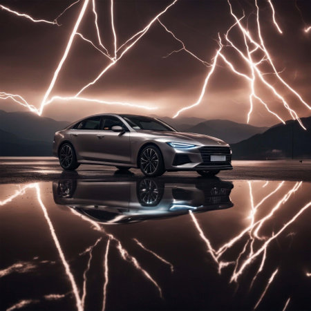 sport car on the road with lightning and reflections in the waterの素材