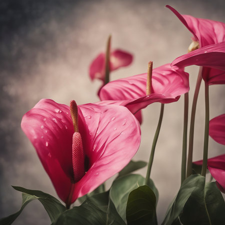 Beautiful pink anthurium flowers with water drops on grey backgroundの素材