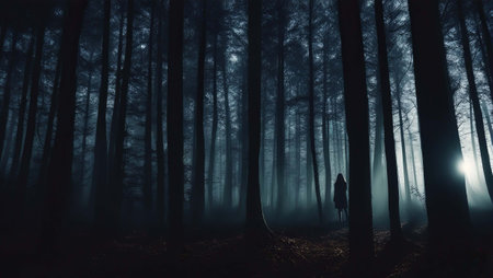 Mysterious dark forest with fog and a man with a flashlightの素材
