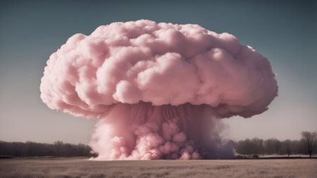 Big explosion with smoke in the field. Dramatic sky. Toned.の素材