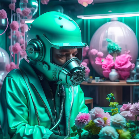 Astronaut in a green suit with a gas mask in his hands.の素材