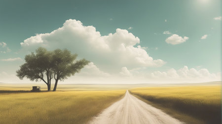 Countryside road with lonely tree in the middle and clouds in the skyの素材
