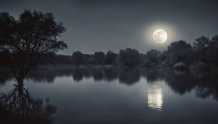 Full moon over the river at night in full moonlight. Landscape.の素材