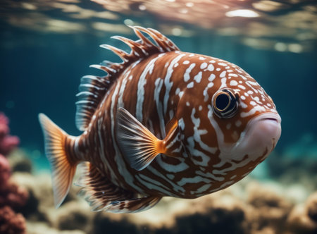 Close up view of a discus fish swimming in the water.の素材