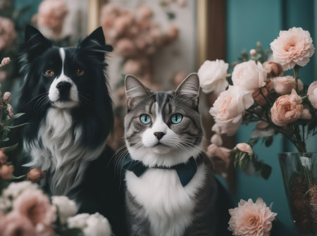 Black and white cat and border collie with blue eyes sitting near flowersの素材