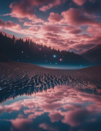 Fantasy alien planet. Mountain lake. 3D illustration. Retro style.の素材