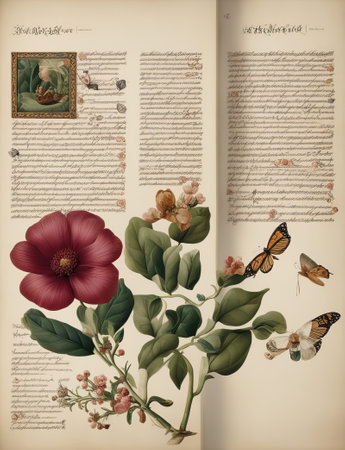 Vintage postcard with flowers and butterfly. Photo in old image style.の素材