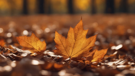 Autumn leaves on the ground in the forest, shallow depth of fieldの素材