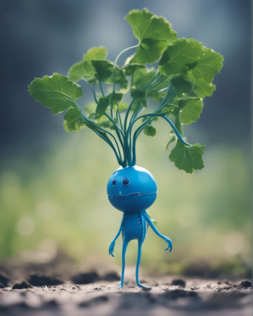 Cute blue man made of fresh green sprouts in the gardenの素材