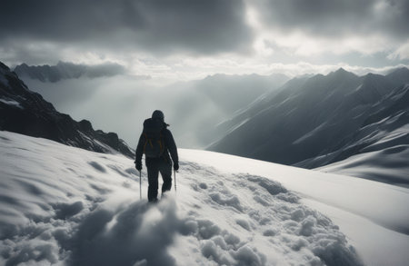 Hiker in Himalaya mountains with snowshoes and backpacksの素材