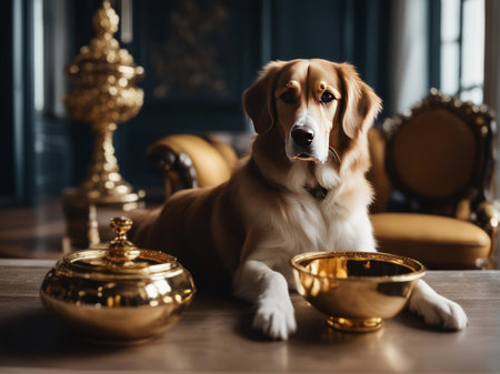 Golden Retriever dog and gold bowls on a wooden table.の素材