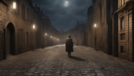 Man walking in the old town at night. 3D rendering.の素材