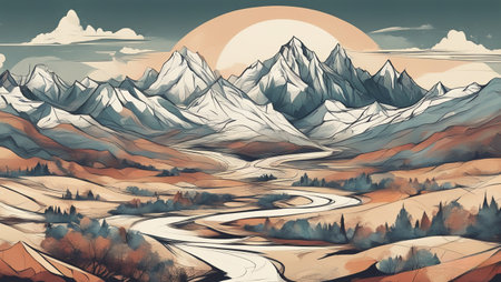 Mountains and river at sunset. Nature landscape. Vector illustration.の素材