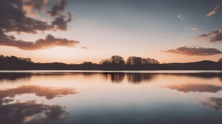 Beautiful landscape image of a lake at sunset with reflection in waterの素材