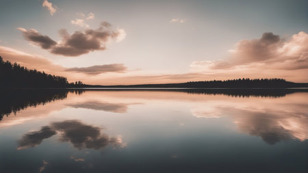 Sunset over the lake with reflection in water. Toned.の素材