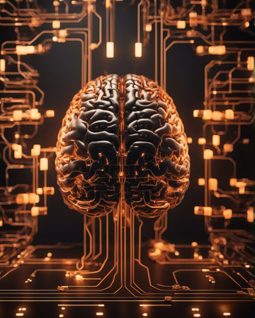3d illustration of human brain with circuit board on black background.の素材