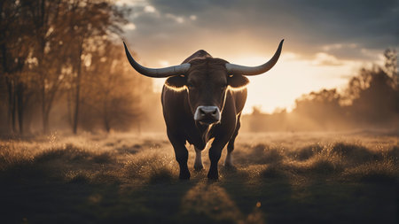 Bull in the meadow at sunset, low angle view with copy spaceの素材