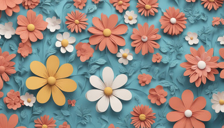 3d rendering of floral background with paper cut flowers on blue backgroundの素材