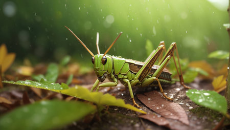 Grasshopper in rain. Grasshopper in rain.の素材