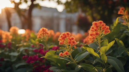 Beautiful orange flowers in the garden at sunset. Selective focus.の素材