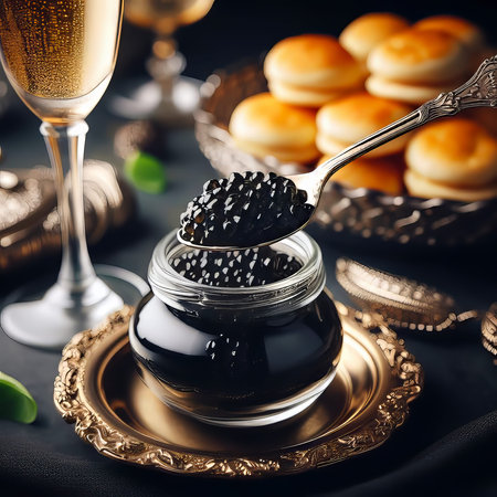 Bowl with black caviar and glass of champagne on dark backgroundの素材