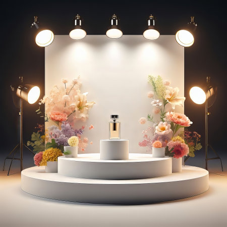 3d render of podium for cosmetic product presentation with light bulbs and flowersの素材