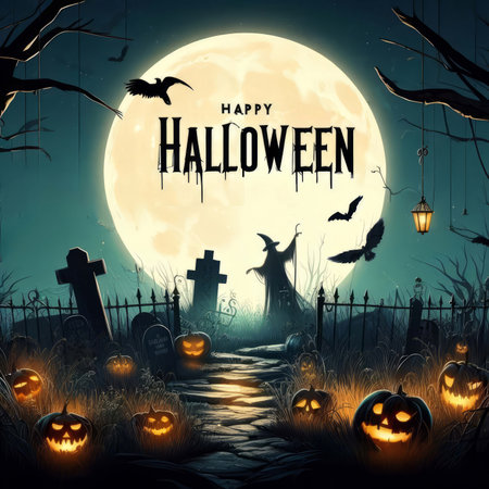 Halloween background with full moon, bats and pumpkins. Vector illustrationの素材