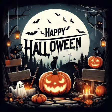 Halloween background with pumpkins, bats, ghosts, lanterns and other elementsの素材