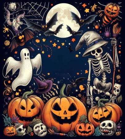 Halloween background with pumpkins, bats, spiders, ghosts, bats and spiders. Vector illustration.の素材
