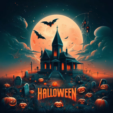 Halloween background with haunted house, pumpkins, bats and moonの素材