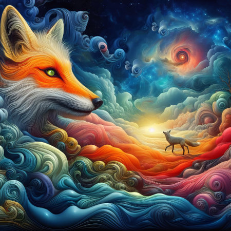 Fantasy landscape with a fox on a background of the night skyの素材