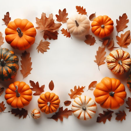 Autumn composition with pumpkins, leaves and space for text on white backgroundの素材