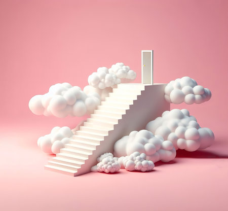 Conceptual image of stairway leading to open door in cloudsの素材
