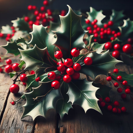 Christmas decoration with holly leaves and berries on rustic wooden backgroundの素材
