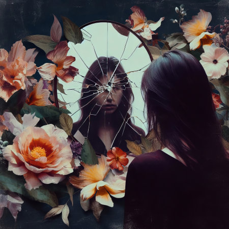 Beautiful young woman with a mirror in the shape of a headの素材
