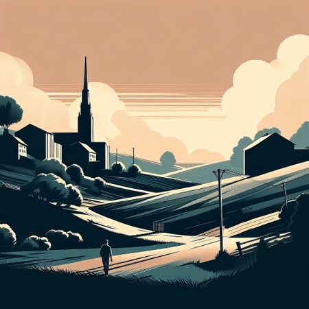 Vector illustration of a rural landscape with trees, fields and houses.の素材