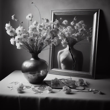 Bouquet of flowers in a vase and a mirror on the tableの素材
