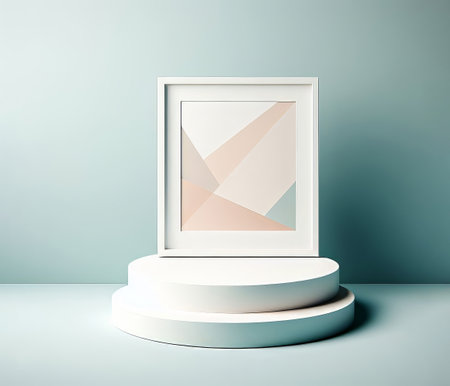 Abstract 3d render of white podium with geometric shapes. Modern minimalistic background for product presentation.の素材