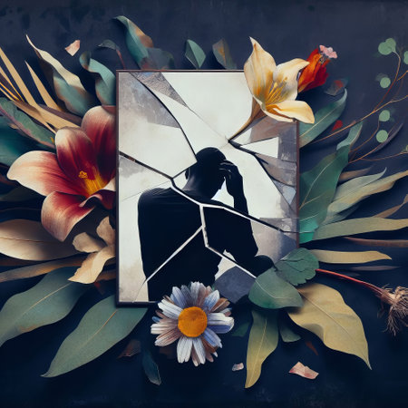Man silhouette on abstract background with flowers. Contemporary art collage.の素材