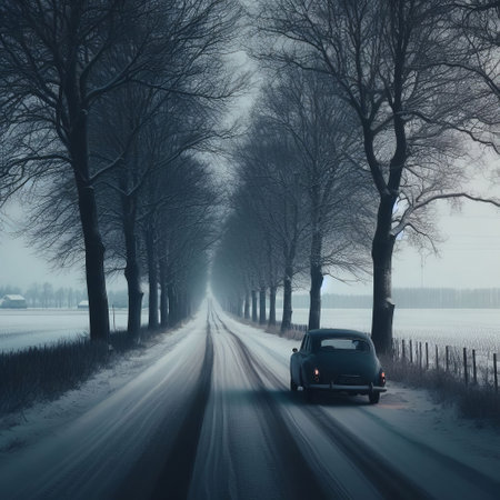 Car on the road in winter with trees and fog in the backgroundの素材