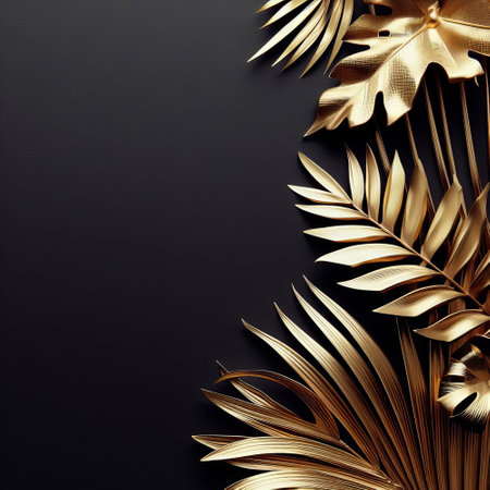 Golden tropical leaves on black background. 3d render. Luxury background.の素材