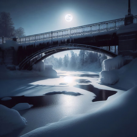 beautiful winter landscape with frozen river and bridge at night in full moon lightの素材