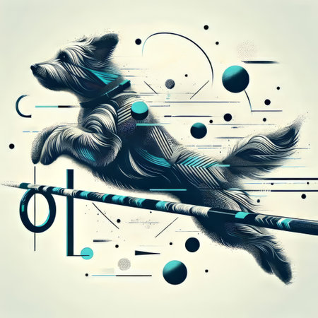 Abstract vector illustration of a dog jumping over a hurdle on white backgroundの素材