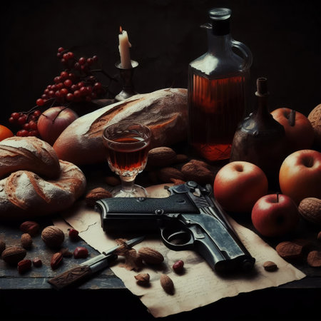 Still life with bottle of wine, bread, nuts and gun over dark backgroundの素材