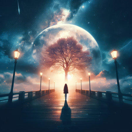 Mysterious woman walking on a wooden bridge with a full moon in the backgroundの素材